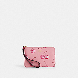 Corner Zip Wristlet With Cherry Print - CR819 - Im/Flower Pink/Bright Violet