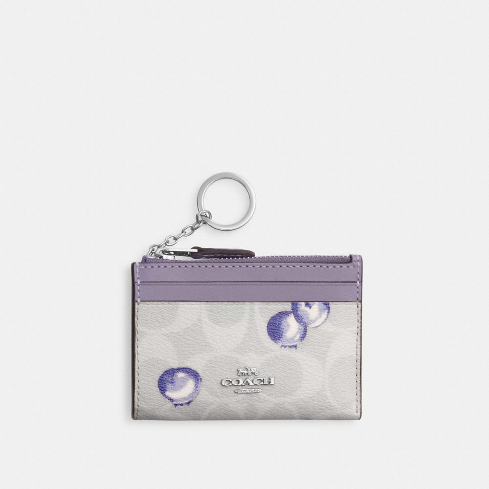 COACH CR821 Mini Skinny Id Case In Signature Canvas With Blueberry Print SILVER/CHALK/LIGHT VIOLET