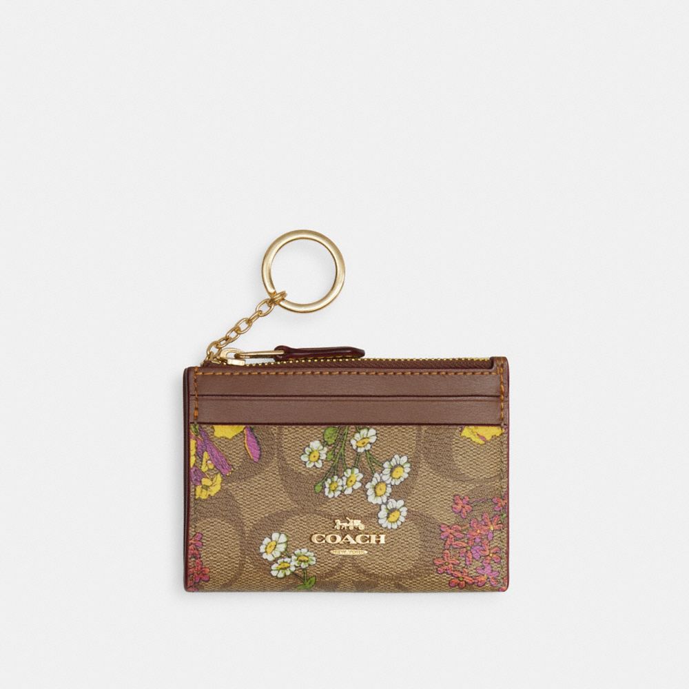 COACH CR823 Mini Skinny Id Case In Signature Canvas With Floral Print Gold/Khaki Multi