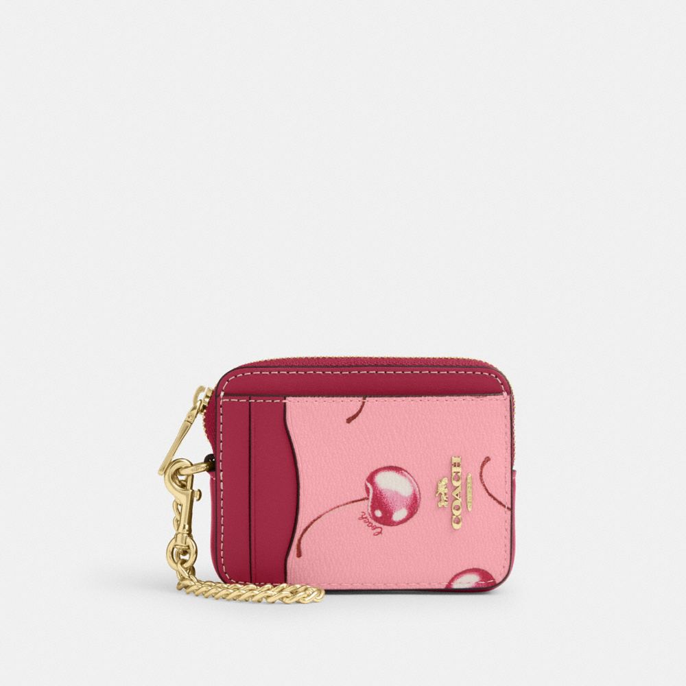 COACH CR832 Zip Card Case With Cherry Print IM/FLOWER PINK/BRIGHT VIOLET