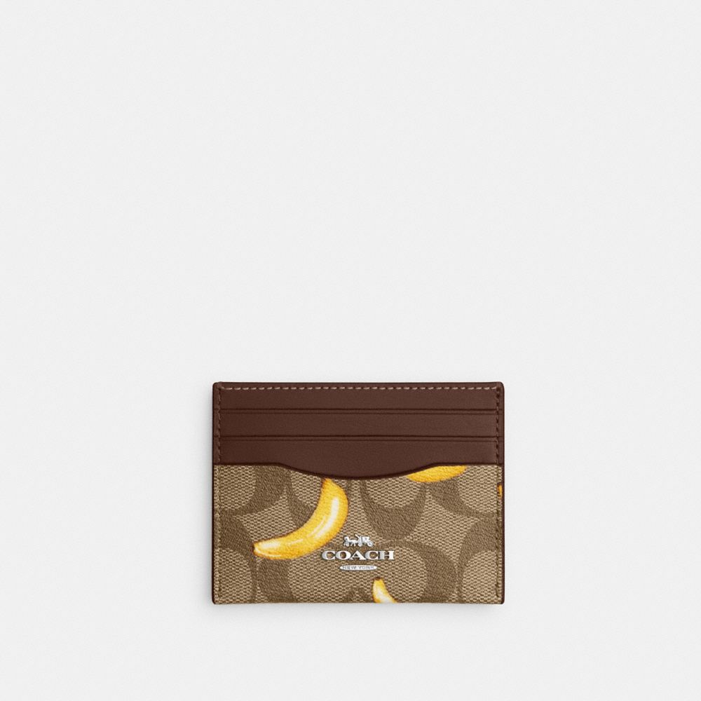 COACH CR842 Slim Id Card Case In Signature Canvas With Banana Print Silver/Khaki/Dark Saddle