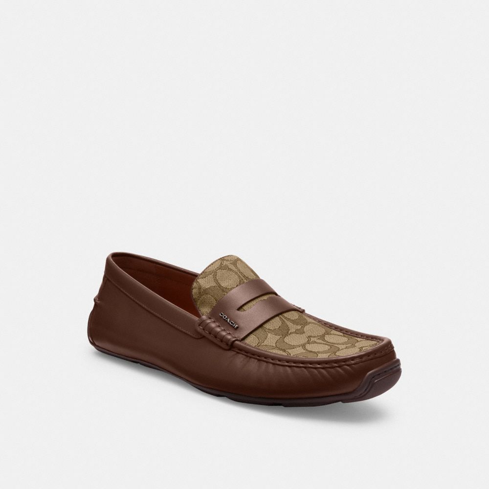 COACH&reg;,Liam Driver In Signature Jacquard,Leather,Loafer,Logo,Metal,Penny Loafer,Business Casual,Dark Saddle