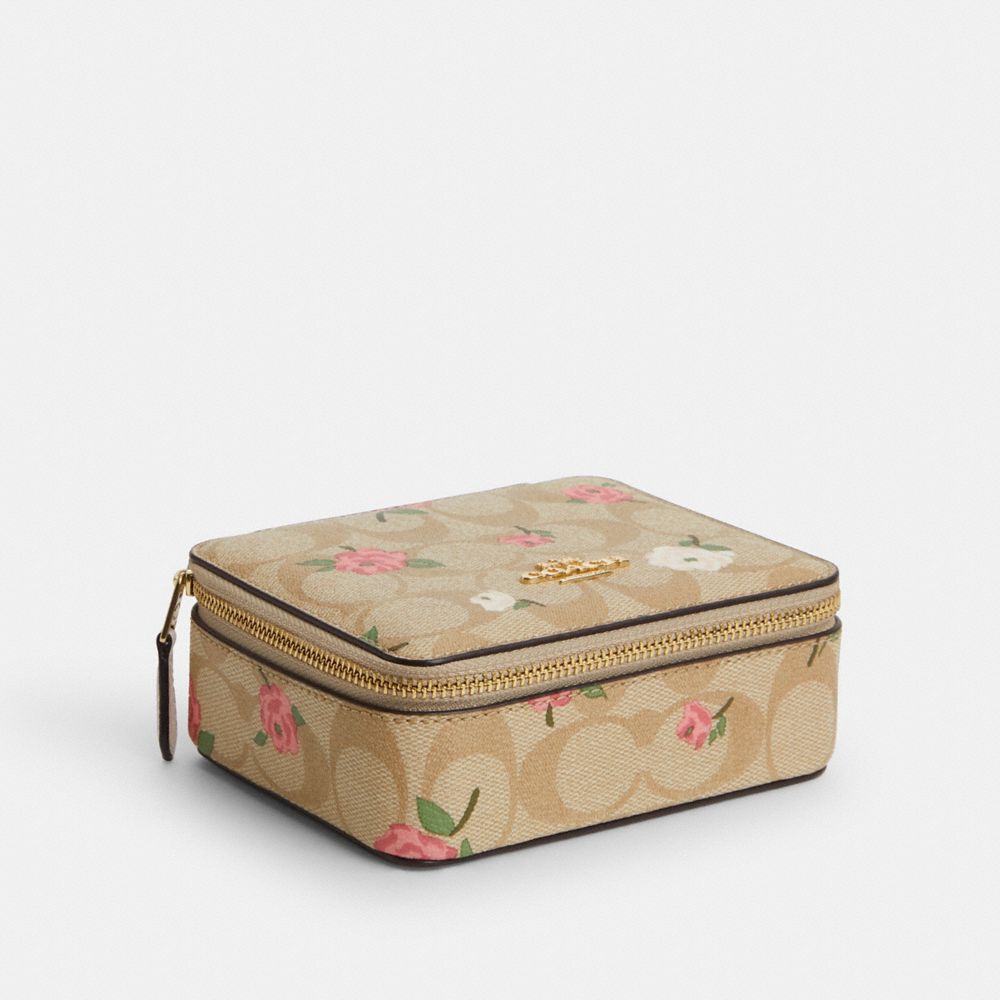 Large Jewelry Box In Signature Canvas With Floral Print - CR920 - Gold/Light Khaki Chalk Multi