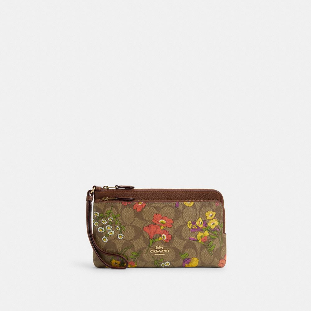 COACH CR926 Double Zip Wallet In Signature Canvas With Floral Print Gold/Khaki Multi