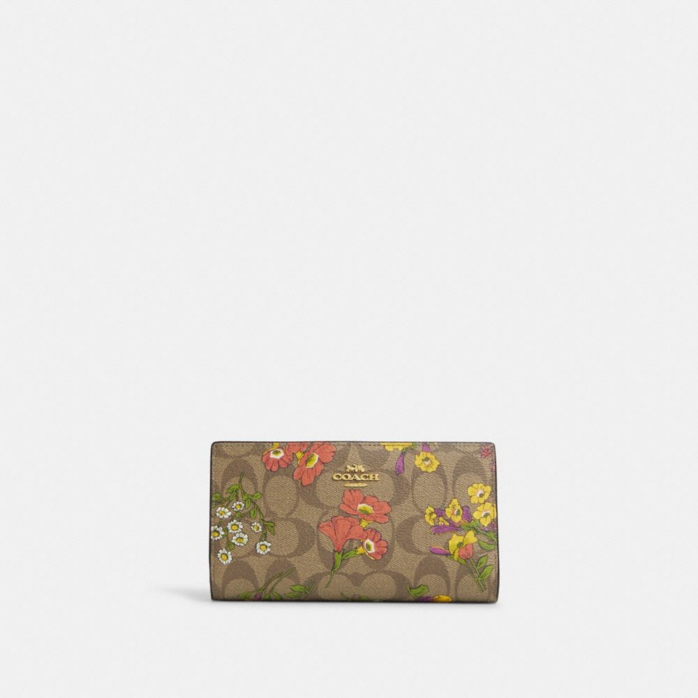 Slim Zip Wallet In Signature Canvas With Floral Print - CR929 - Gold/Khaki Multi