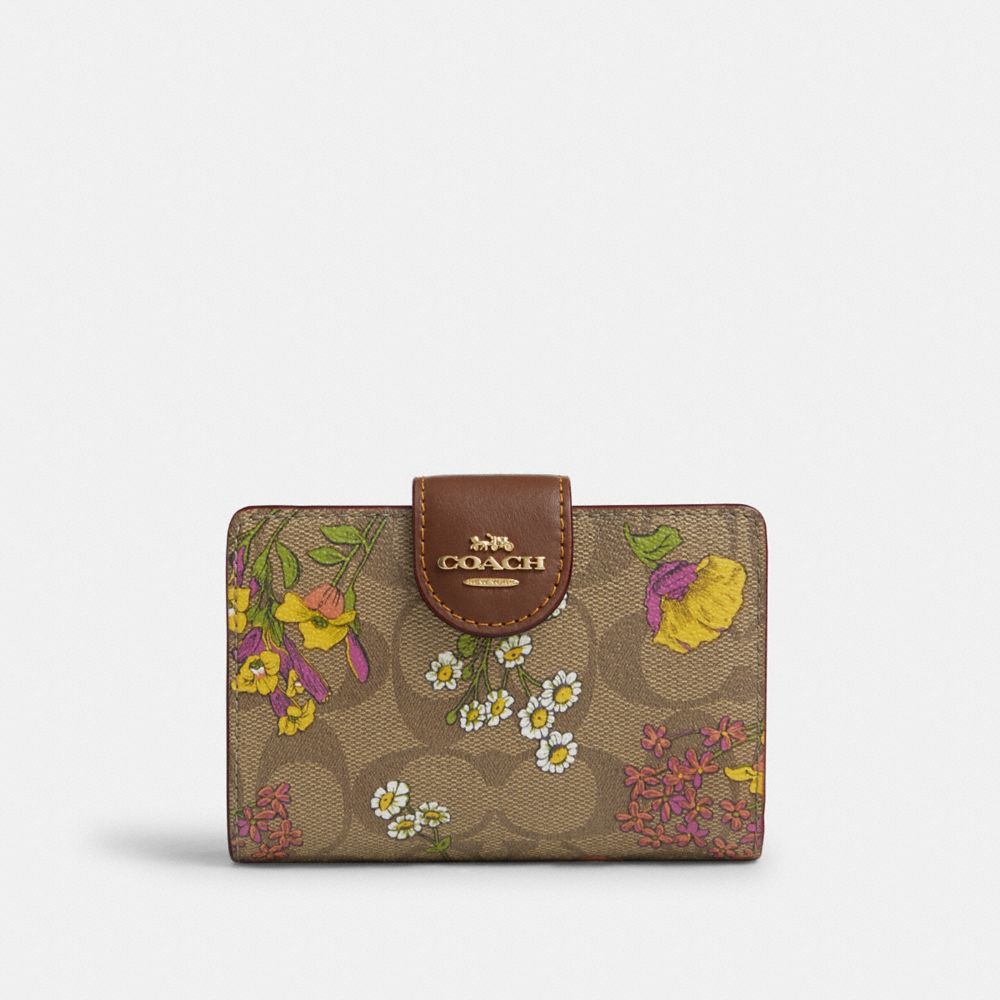 Medium Corner Zip Wallet In Signature Canvas With Floral Print - CR935 - Gold/Khaki Multi