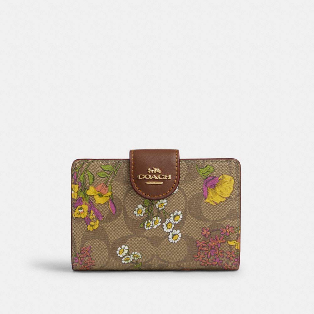 COACH CR935 Medium Corner Zip Wallet In Signature Canvas With Floral Print Gold/Khaki Multi