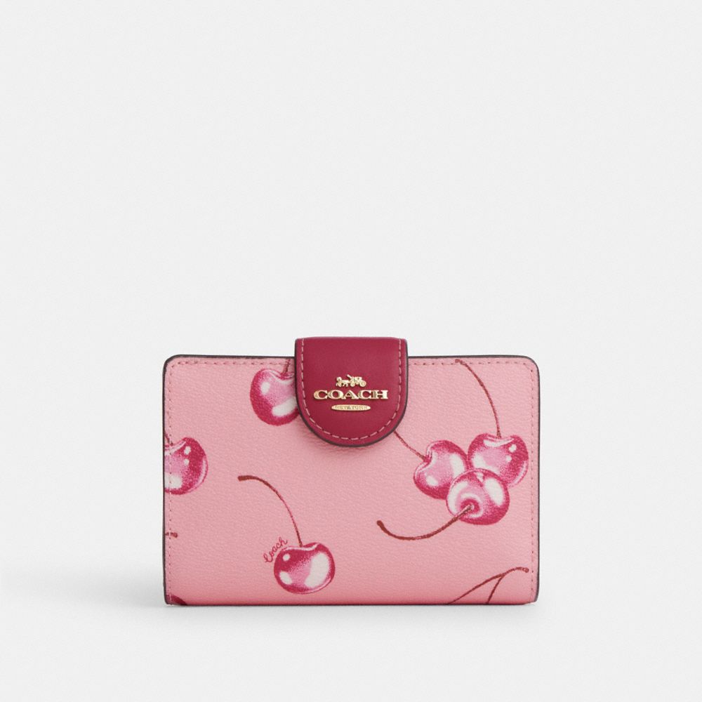 COACH CR938 Medium Corner Zip Wallet With Cherry Print IM/FLOWER PINK/BRIGHT VIOLET