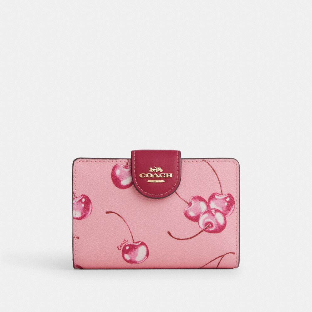 COACH CR938 Medium Corner Zip Wallet With Cherry Print Im/Flower Pink/Bright Violet