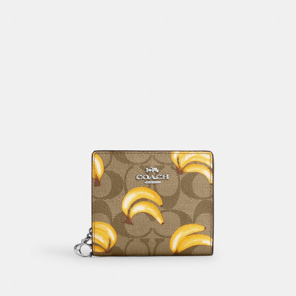 COACH CR942 Snap Wallet In Signature Canvas With Banana Print SILVER/KHAKI/DARK SADDLE