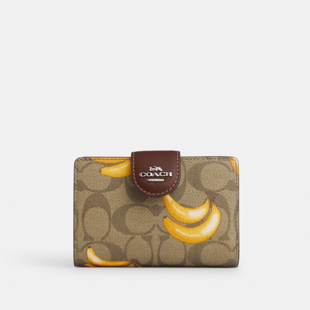 Medium Corner Zip Wallet In Signature Canvas With Banana Print - CR944 - Silver/Khaki/Dark Saddle