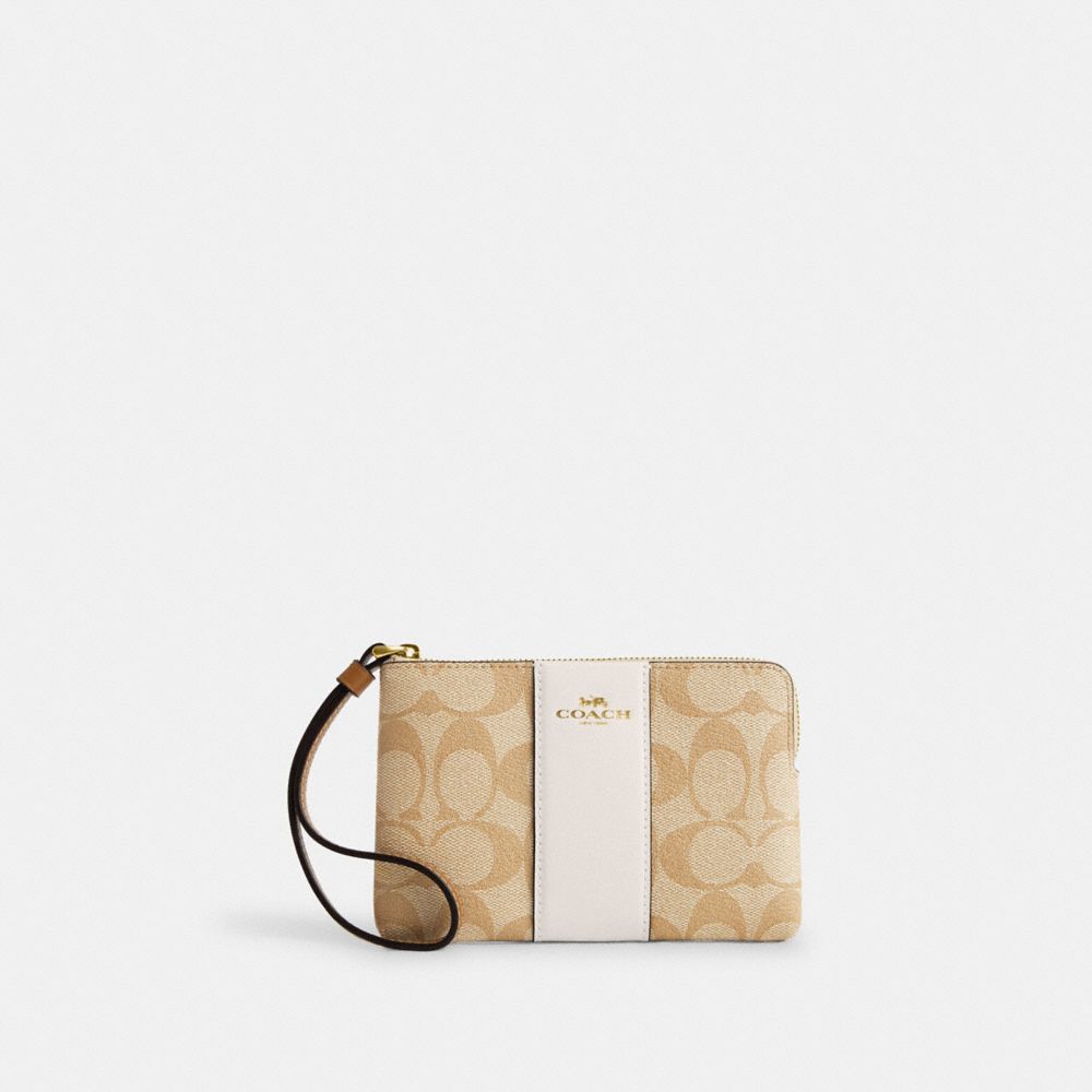 Corner Zip Wristlet In Signature Canvas With Stripe - CR945 - Im/Light Khaki/Chalk Lt Saddle