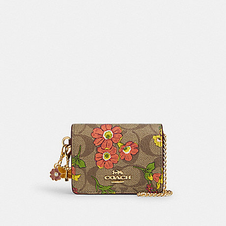 COACH CR949 Boxed Mini Wallet On A Chain In Signature Canvas With Floral Print Gold/Khaki-Multi
