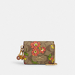 Boxed Mini Wallet On A Chain In Signature Canvas With Floral Print - CR949 - Gold/Khaki Multi