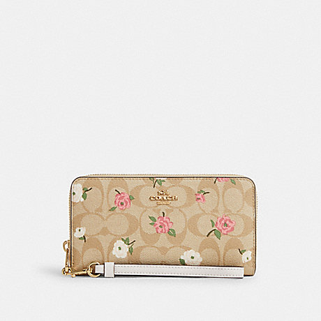 COACH CR966 Long Zip Around Wallet In Signature Canvas With Floral Print Gold/Light-Khaki-Chalk-Multi