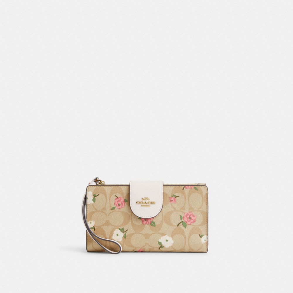 Phone Wallet In Signature Canvas With Floral Print - CR967 - Gold/Light Khaki Chalk Multi