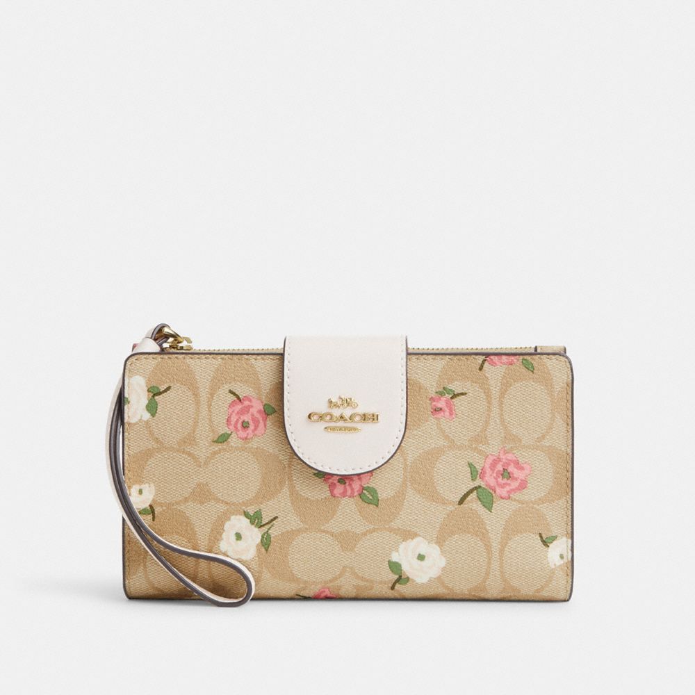 COACH CR967 Phone Wallet In Signature Canvas With Floral Print GOLD/LIGHT KHAKI CHALK MULTI