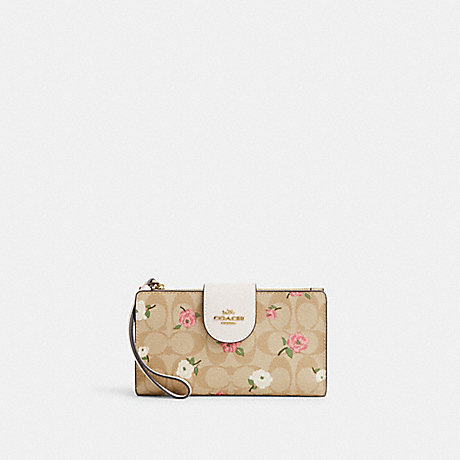 COACH CR967 Phone Wallet In Signature Canvas With Floral Print Gold/Light Khaki Chalk Multi