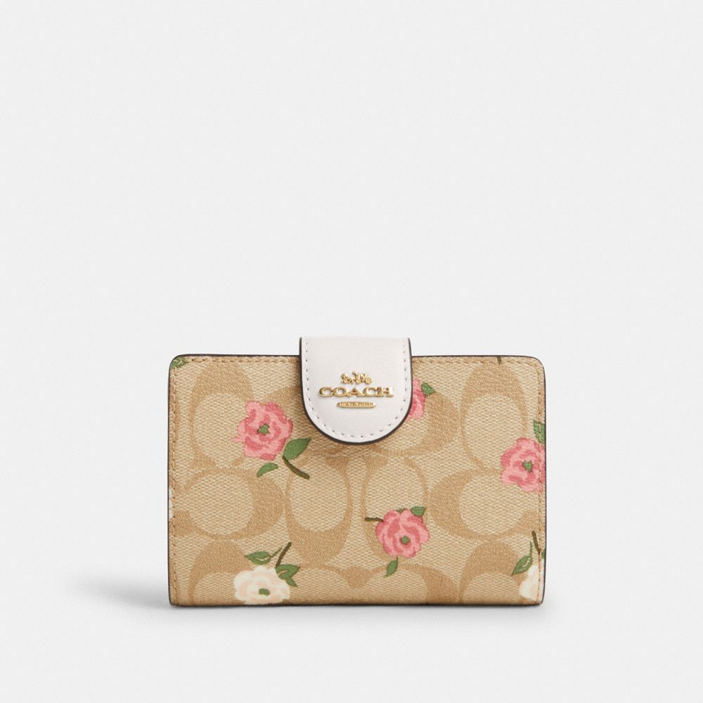 COACH CR968 Medium Corner Zip Wallet In Signature Canvas With Floral Print Gold/Light Khaki Chalk Multi