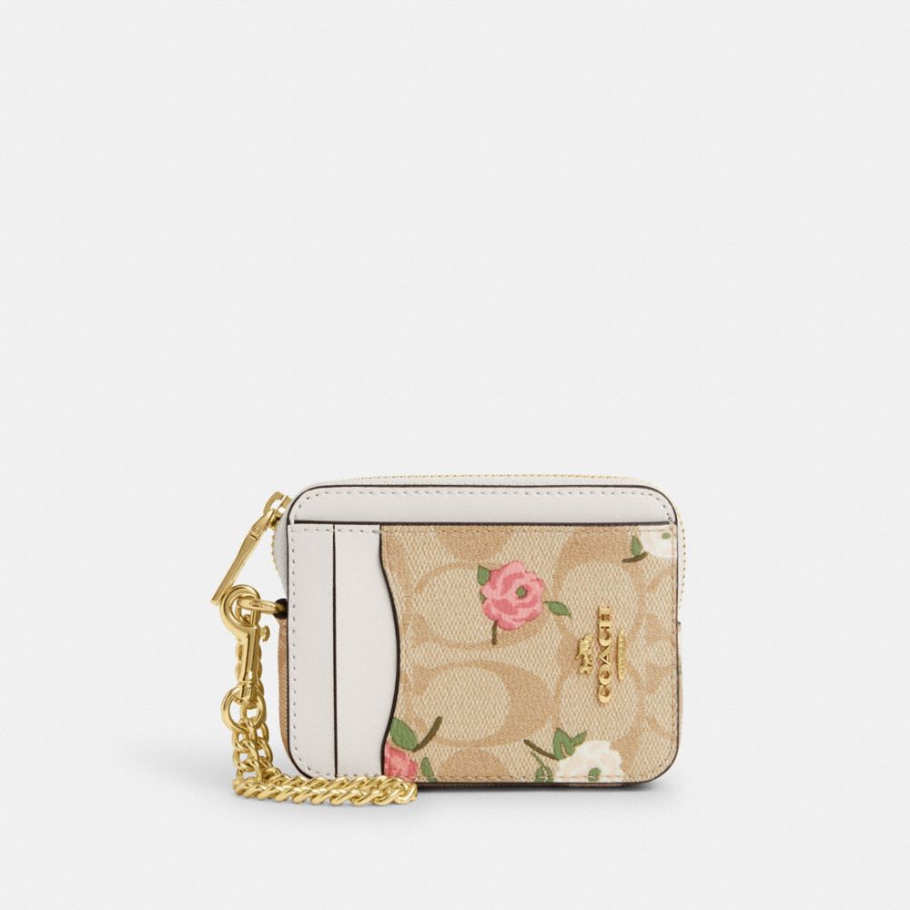 Zip Card Case In Signature Canvas With Floral Print - CR971 - Gold/Light Khaki Chalk Multi