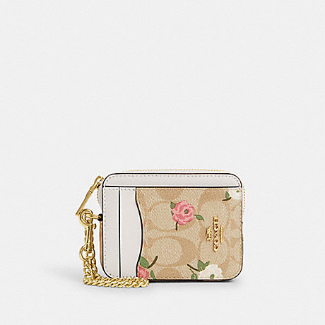 COACH CR971 Zip Card Case In Signature Canvas With Floral Print Gold/Light-Khaki-Chalk-Multi