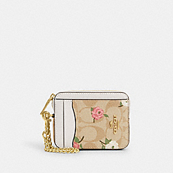 COACH CR971 Zip Card Case In Signature Canvas With Floral Print GOLD/LIGHT KHAKI CHALK MULTI