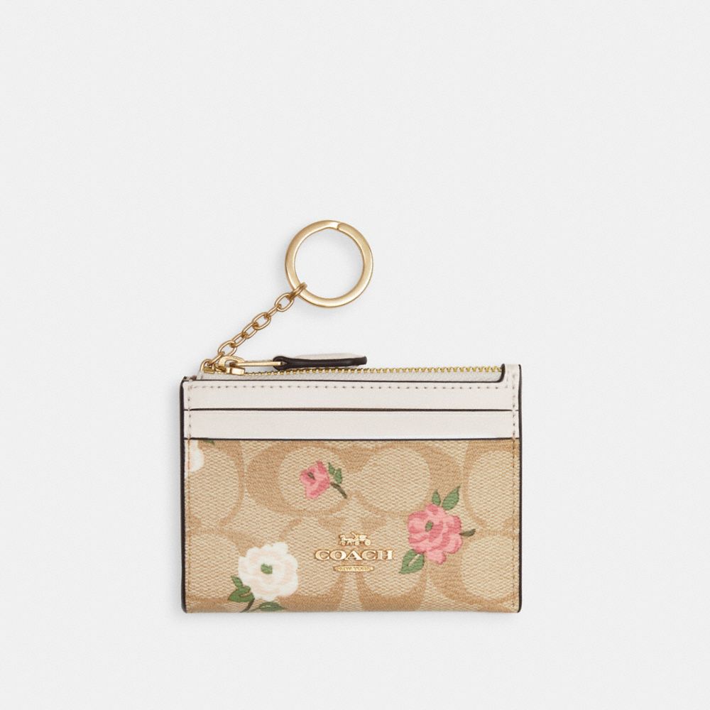 Mini Skinny Id Case In Signature Canvas With Floral Print - CR972 - Gold/Light Khaki Chalk Multi