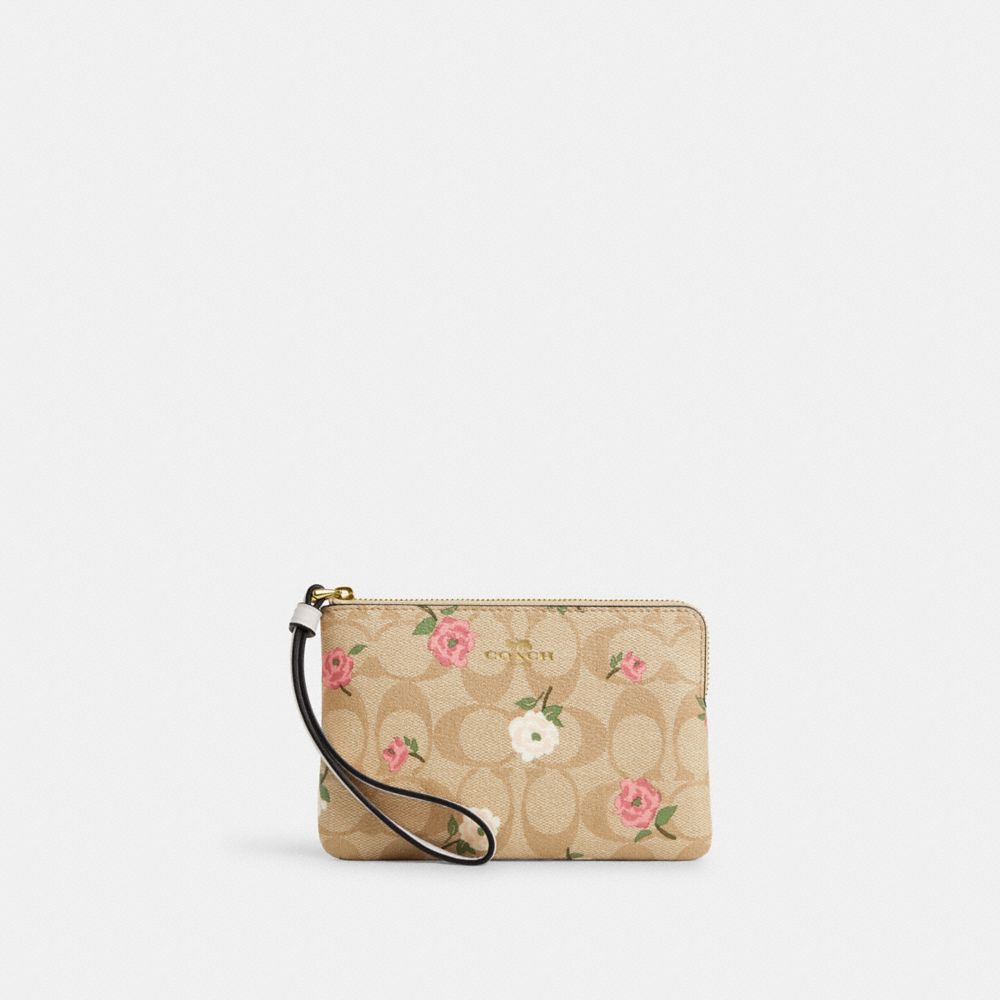 COACH CR973 Corner Zip Wristlet In Signature Canvas With Floral Print GOLD/LIGHT KHAKI CHALK MULTI