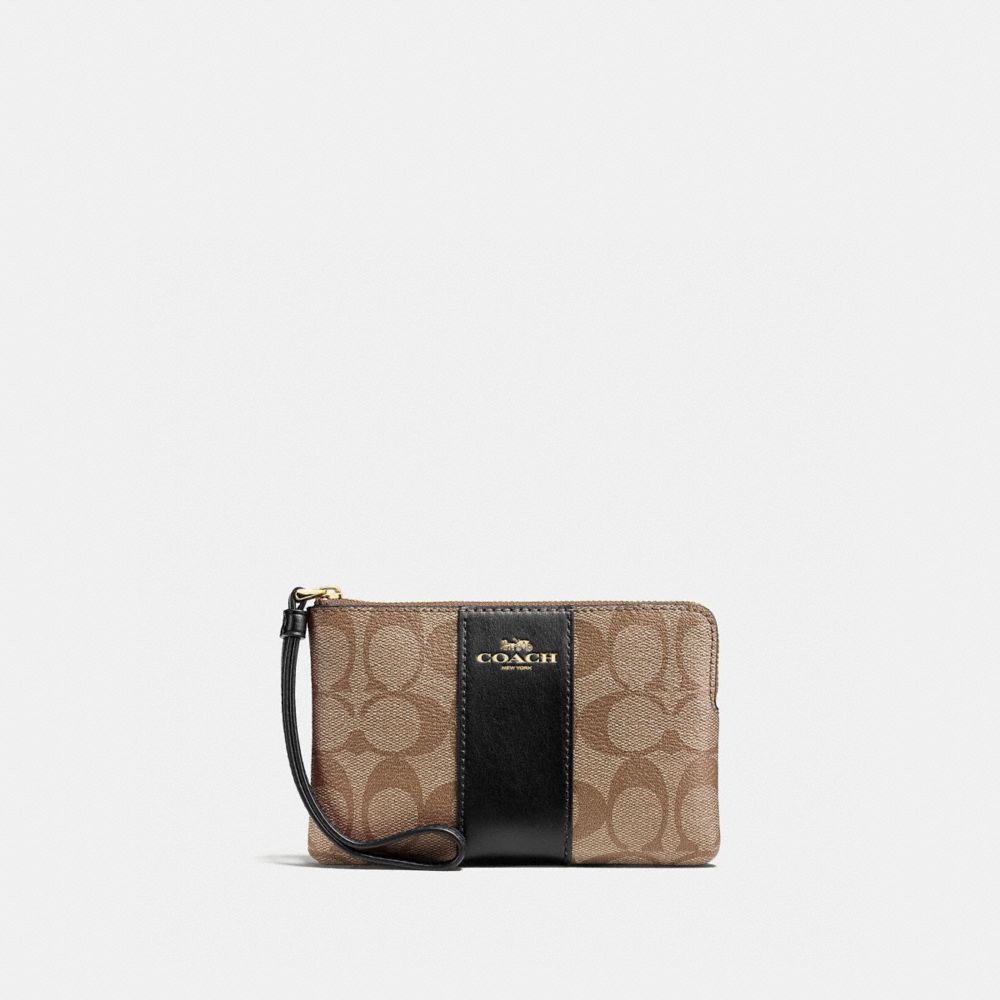 COACH CS602 Corner Zip Wristlet In Signature Canvas GOLD/KHAKI/BLACK