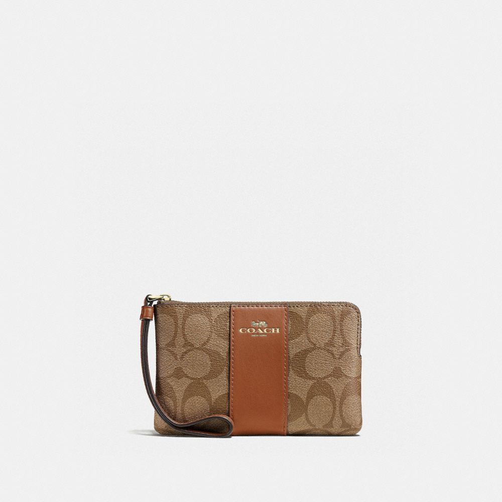 Corner Zip Wristlet In Signature Canvas - CS602 - Gold/Khaki Saddle 2