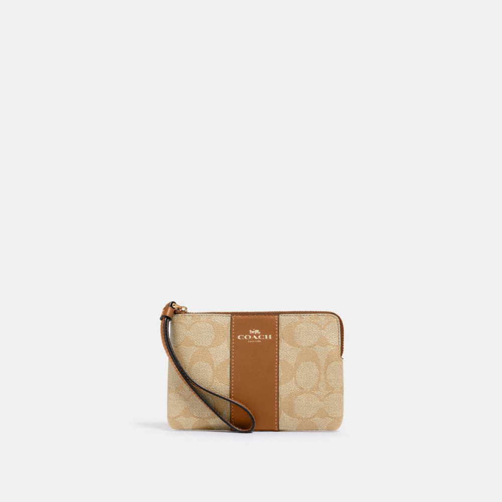 Corner Zip Wristlet In Signature Canvas - CS602 - Gold/Lt Khaki/Lt Saddle