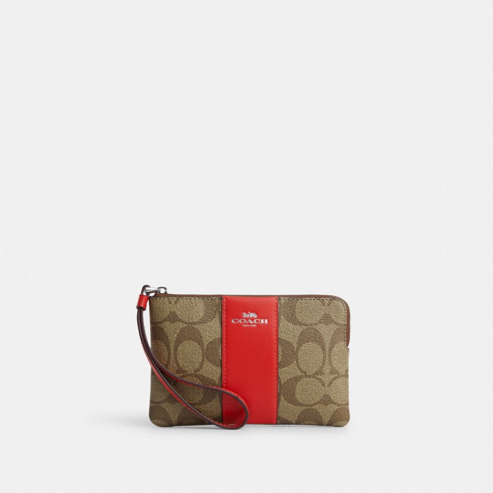 Corner Zip Wristlet In Signature Canvas - CS602 - Silver/Khaki/Miami Red