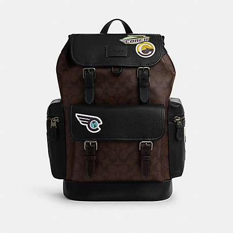COACH CT014 Sprint Backpack In Signature Canvas With Travel Patches Gunmetal/Mahogany Multi