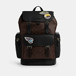 COACH CT014 Sprint Backpack In Signature Canvas With Travel Patches GUNMETAL/MAHOGANY MULTI