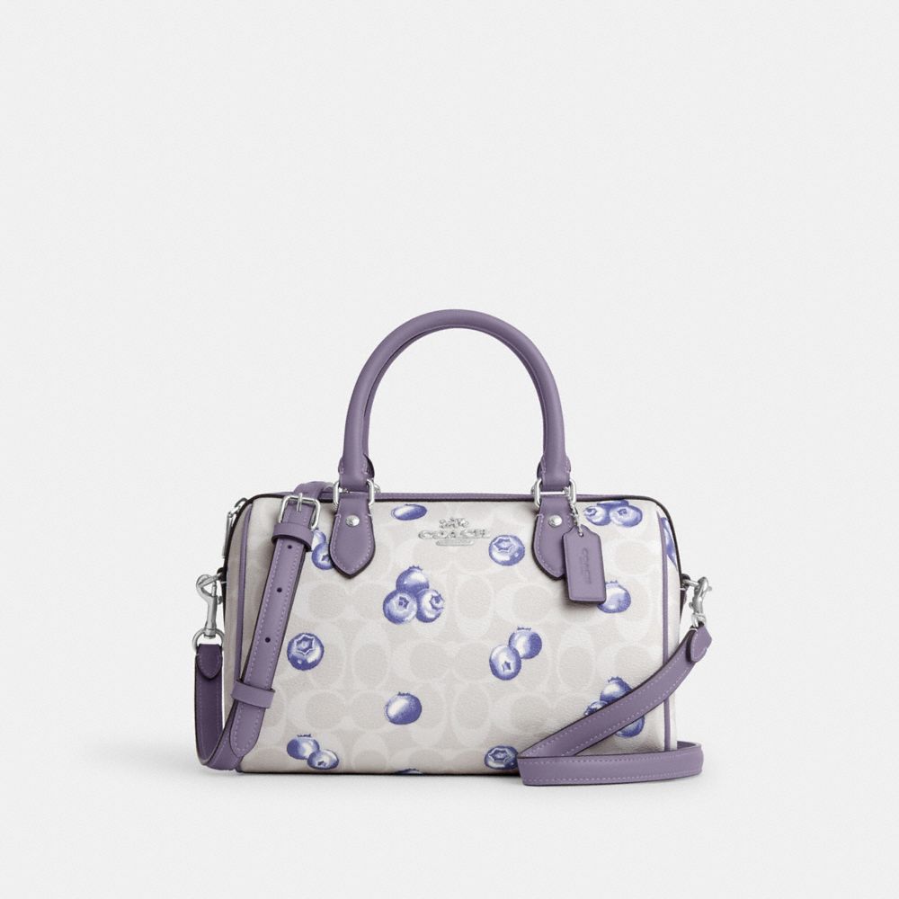 COACH CT216 Rowan Satchel Bag In Signature Canvas With Blueberry Print Silver/Chalk/Light-Violet