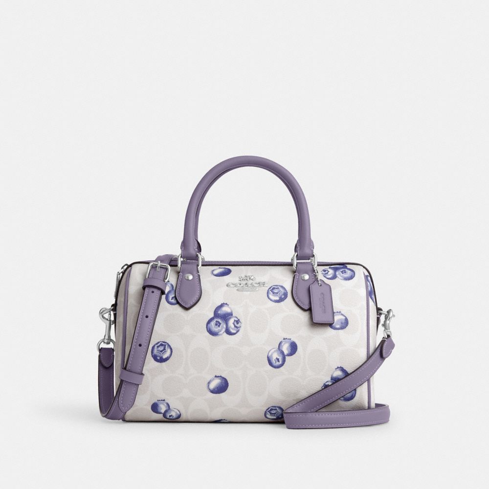 Rowan Satchel Bag In Signature Canvas With Blueberry Print - CT216 - Silver/Chalk/Light Violet