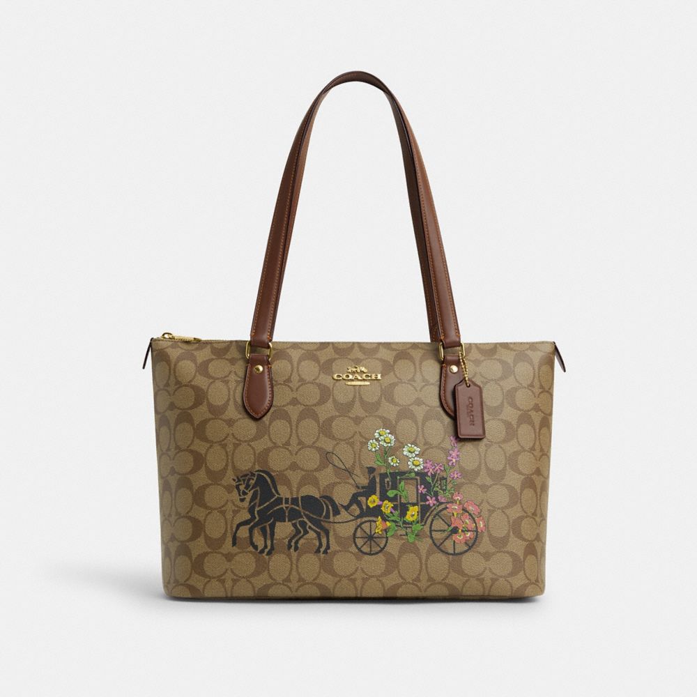 COACH CT254 Gallery Tote In Signature Canvas With Floral Horse And Carriage Gold/Khaki Multi