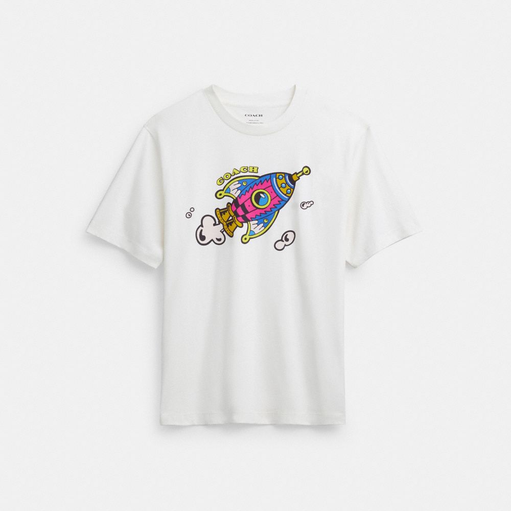 COACH&reg;,Cosmic Coach T-Shirt In Organic Cotton,Organic Cotton,T Shirt,Eco-Friendly,Casual,White,Front View
