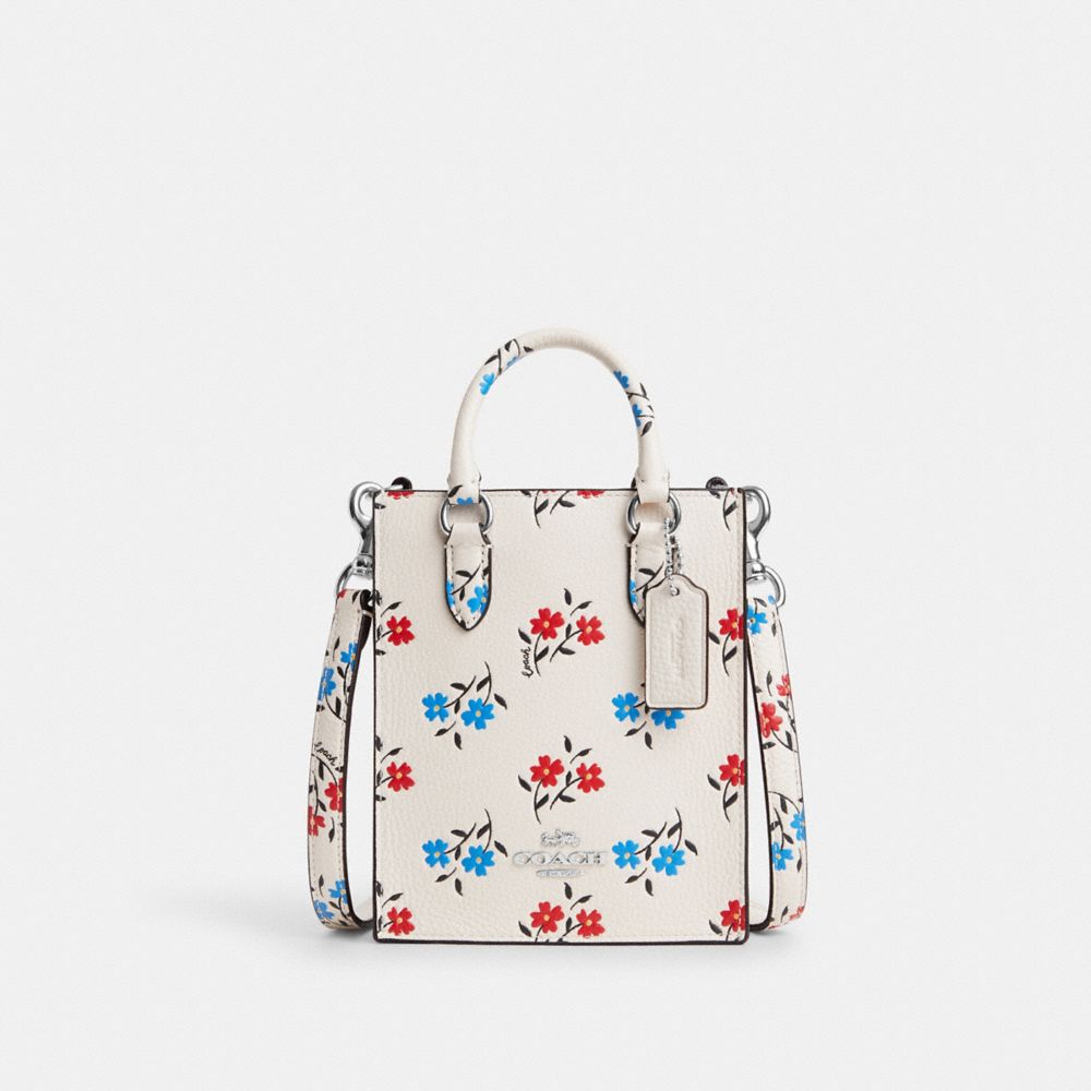 COACH CT808 North South Mini Tote With Floral Print Silver/Chalk Multi