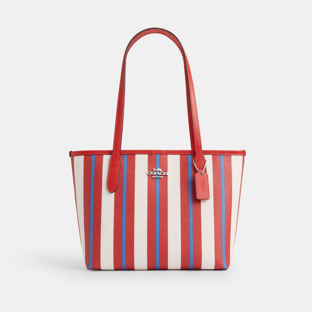 Small City Tote With Stripe Print - CT824 - Silver/Chalk Multi