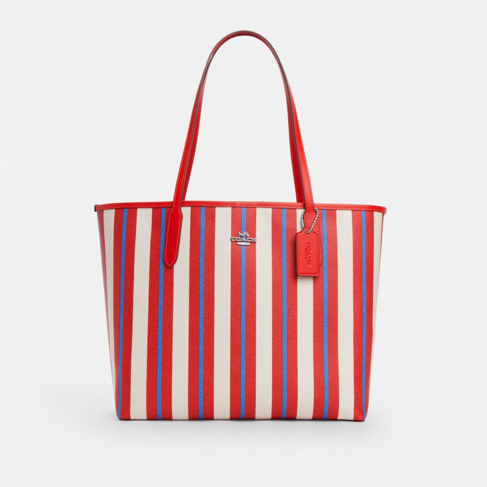 COACH CT825 City Tote Bag With Stripe Print SILVER/CHALK MULTI