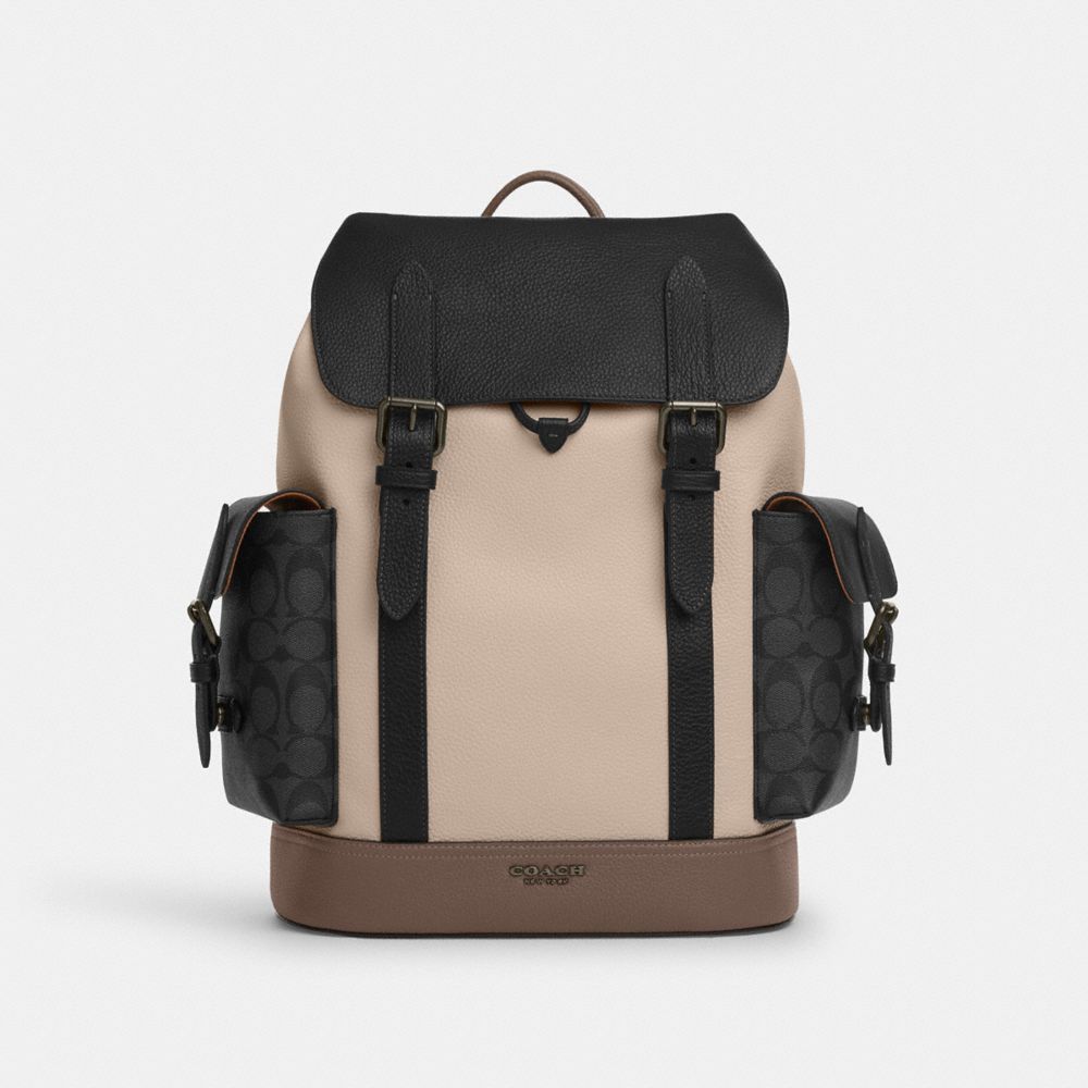 COACH CT835 Hudson Backpack In Colorblock With Signature Canvas Qb/Steam/Charcoal/Dark Stone