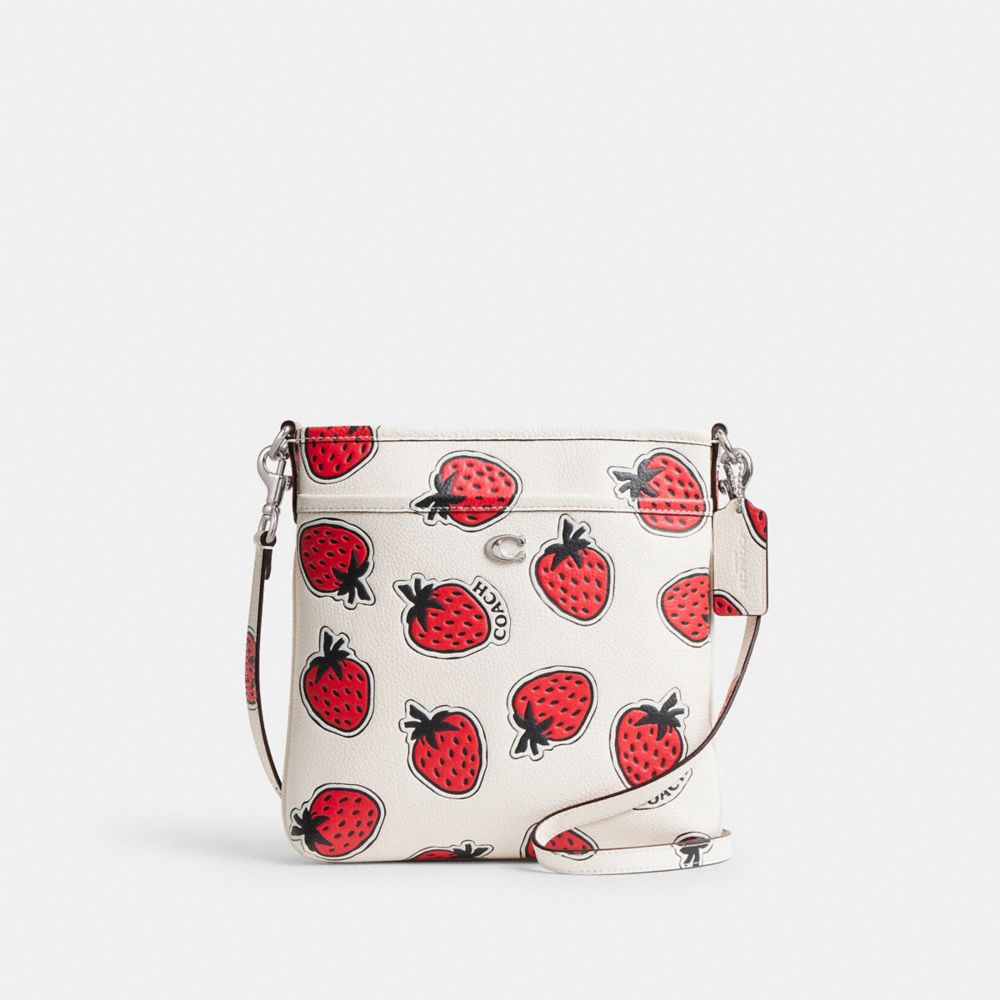 COACH CT875 Kitt Messenger Crossbody Bag With Strawberry Print Silver/Chalk Multi