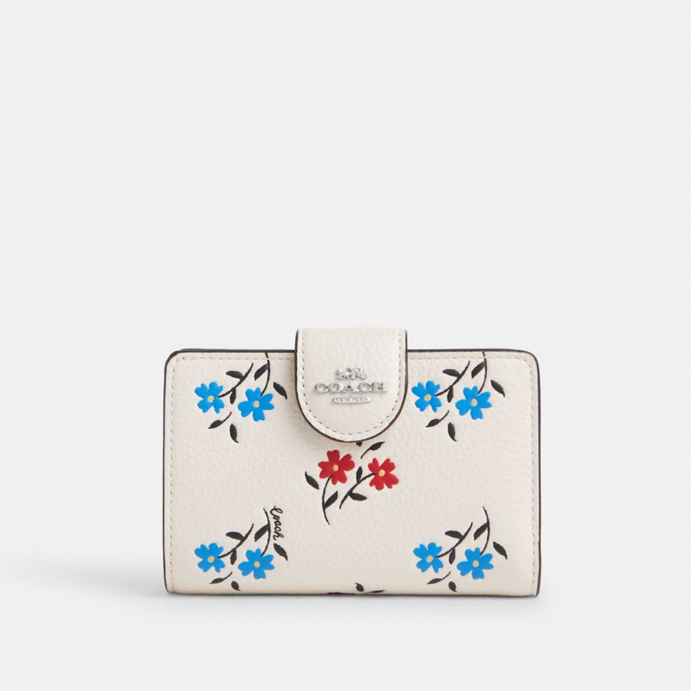 COACH CT978 Medium Corner Zip Wallet With Floral Print SILVER/CHALK MULTI