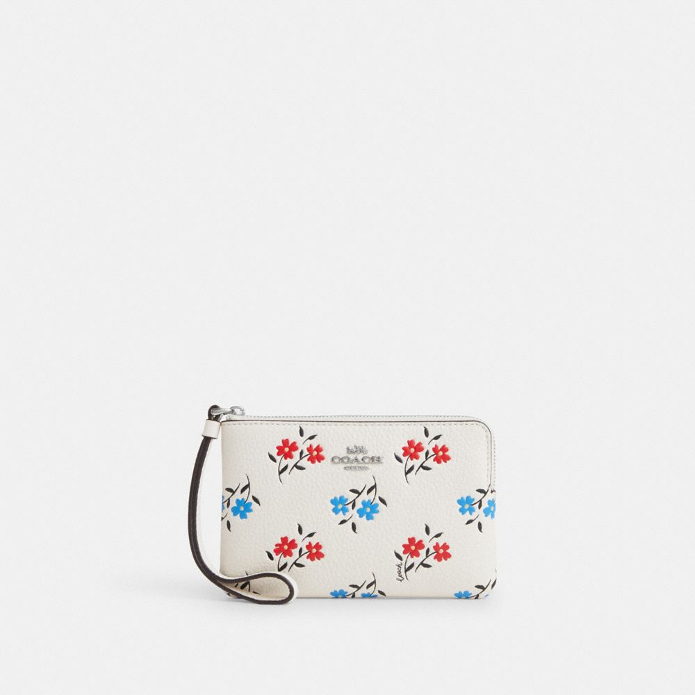 COACH CT988 Corner Zip Wristlet With Floral Print Silver/Chalk Multi