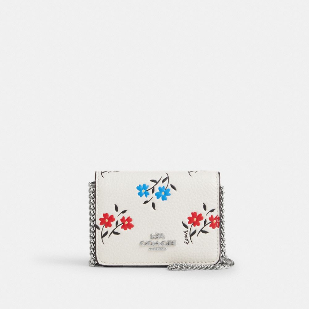 Mini Wallet On A Chain With Floral Print - CU005 - Silver/Chalk Multi