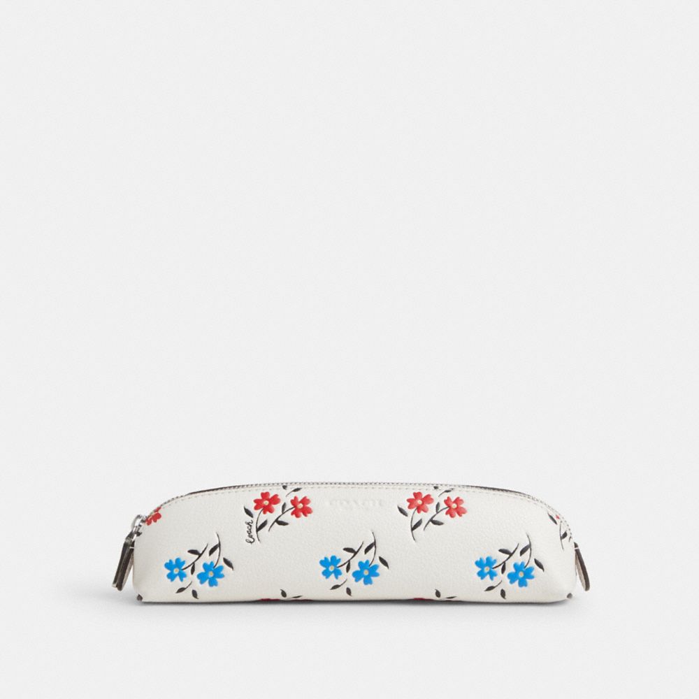 COACH CU102 Pencil Case With Floral Print Silver/Chalk Multi