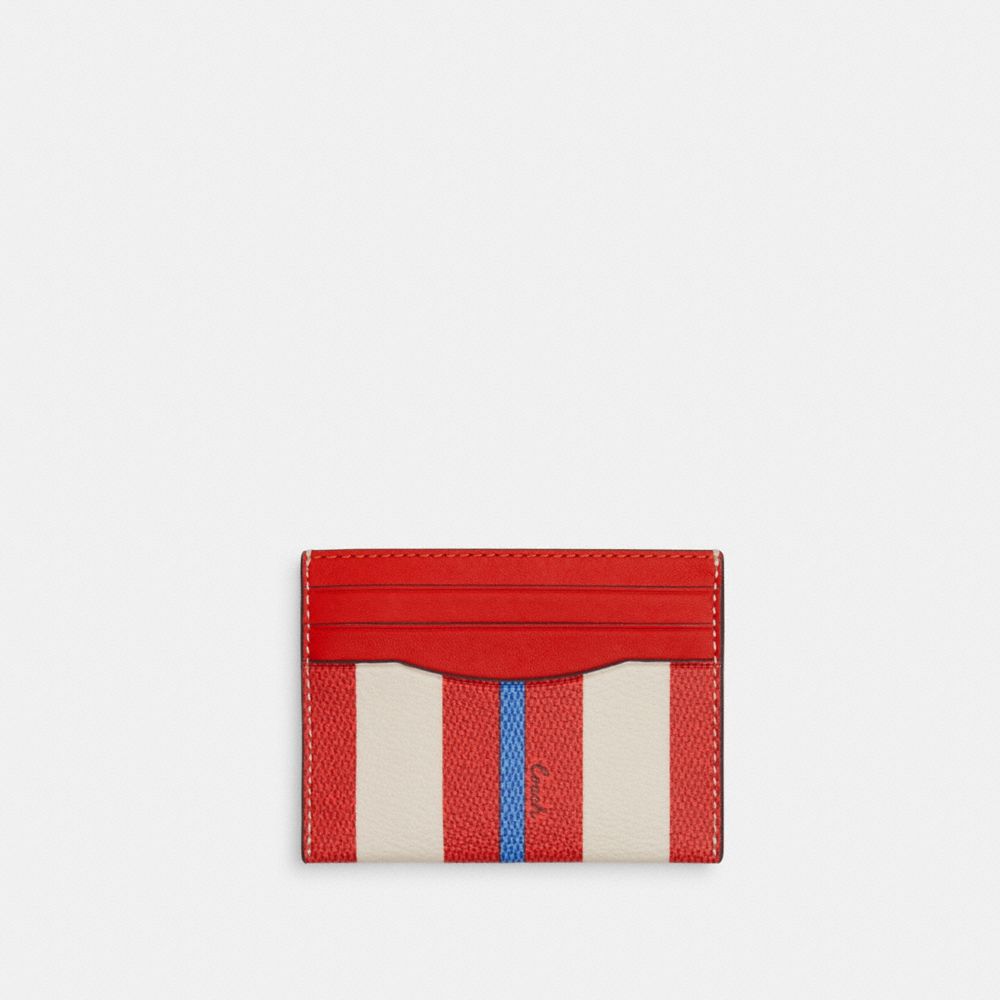 COACH CU118 Slim Id Card Case With Stripe Print Miami Red Multi