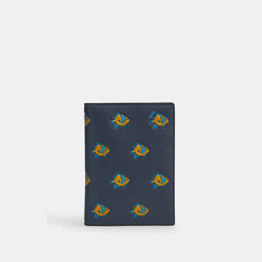 Passport Card Case With Fish Print - CU130 - Gunmetal/Denim Multi