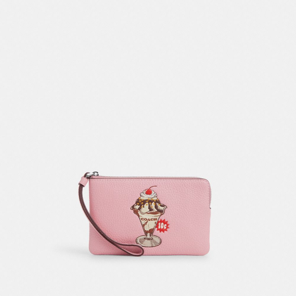 COACH CU254 Corner Zip Wristlet With Sundae Graphic Sv/Cherry Blossom